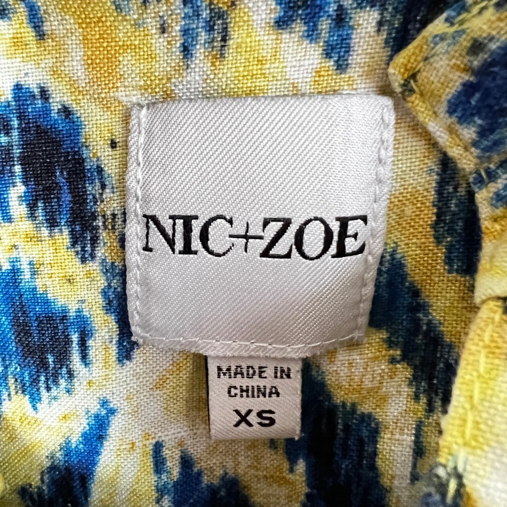 NIC+ZOE Linen Top Womens‎ XS Yellow Blue Ikat Abstract Print Button Front Beach - Picture 3 of 6